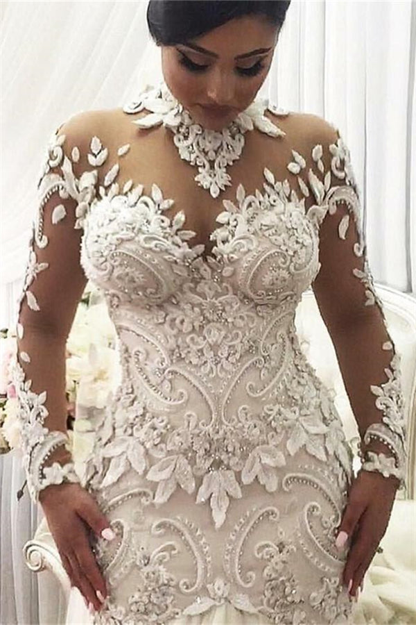 Modern Long Sleeves High Neck Lace Wedding Dress Bridal Gown