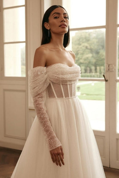 Modern Long Sleevess Long Off-the-Shoulder Wedding Dresses Online Sequined