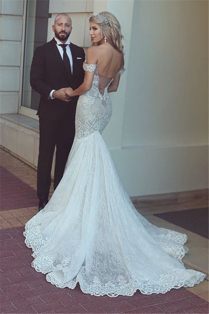 Modern Mermaid Lace Off the Shoulder Wedding Dresses Open Back Bridal Gowns