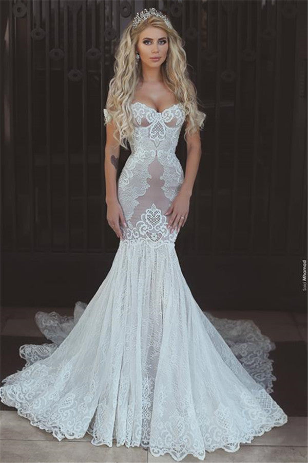 Modern Mermaid Lace Off the Shoulder Wedding Dresses Open Back Bridal Gowns