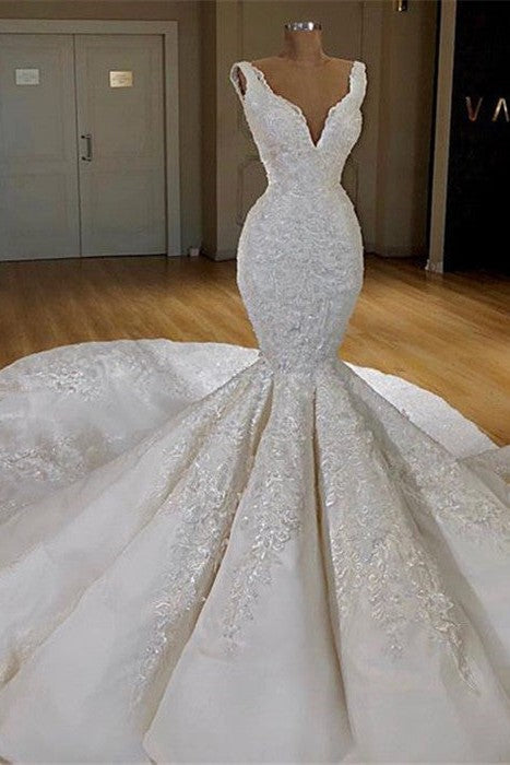 Modern Mermaid Lace Wedding Dresses Online Straps Luxurious Bridal Gowns with Long Train