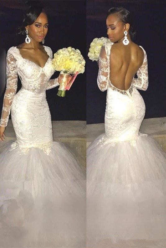 Modern Mermaid Long Sleeve Lace Backless Wedding Dress