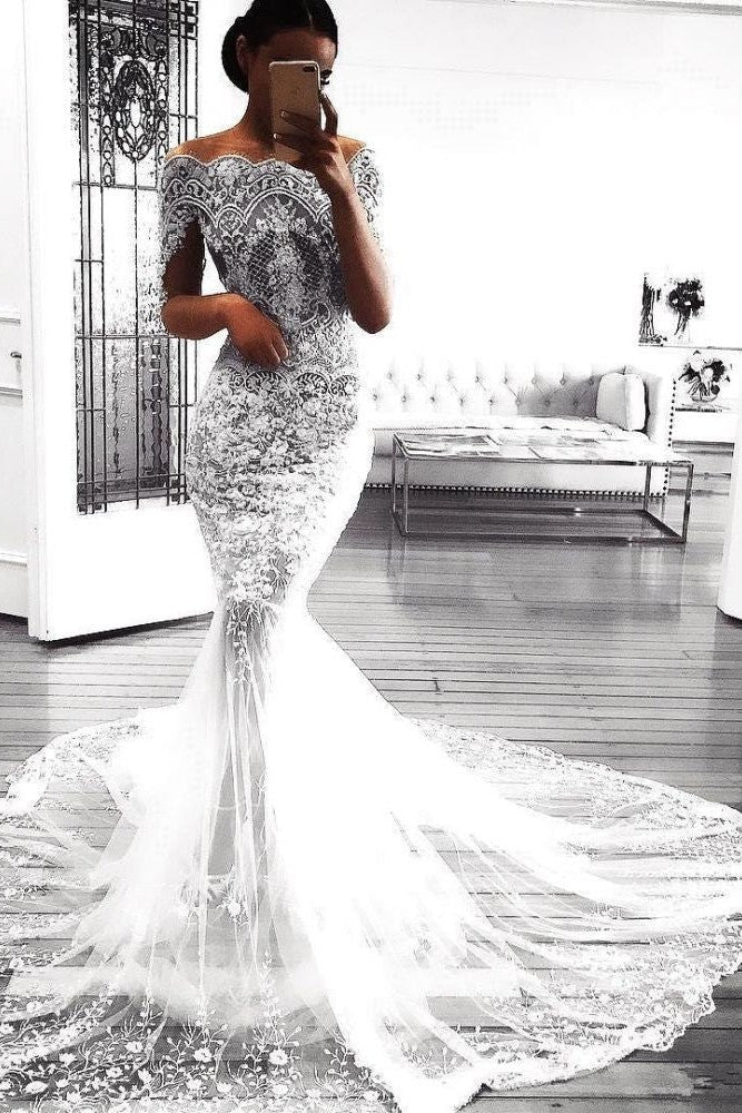 Modern Mermaid Long Sleeves Lace Wedding Dress Modern Flowers See Through Tulle Bride Dress