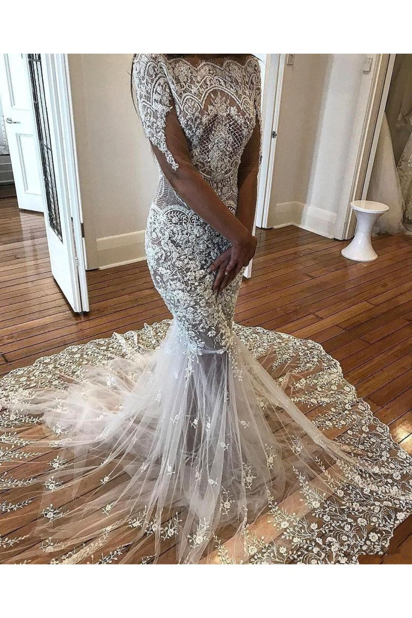 Modern Mermaid Long Sleeves Lace Wedding Dress Modern Flowers See Through Tulle Bride Dress