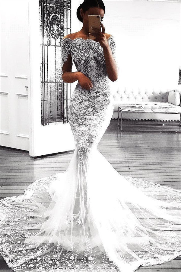 Modern Mermaid Long Sleeves Lace Wedding Dress Modern Flowers See Through Tulle Bride Dress