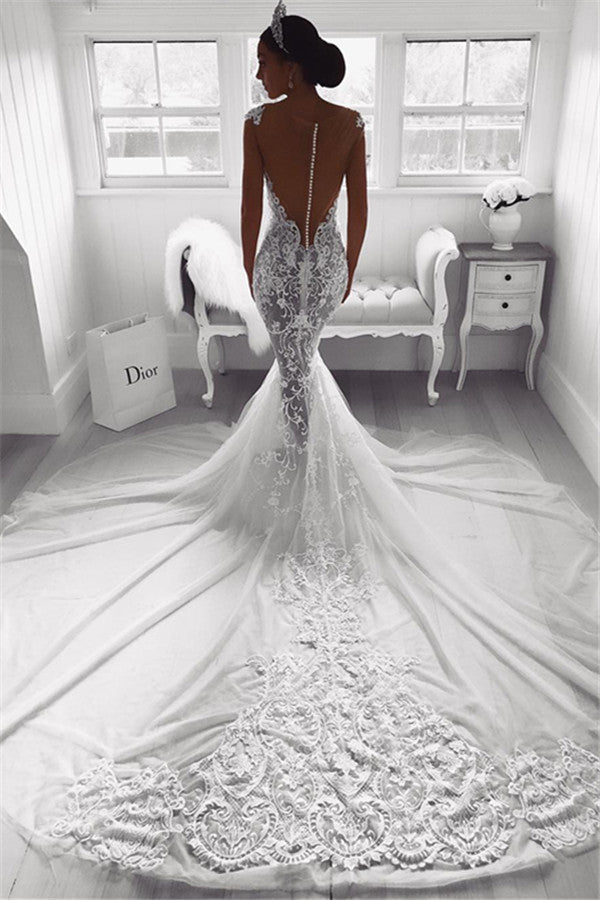 Modern Mermaid Straps Wedding Dresses Sheer Tulle Sleeveless Appliques Bridal Gowns