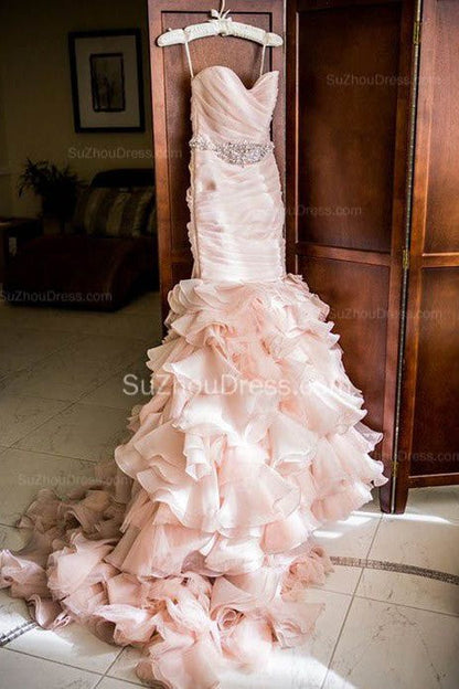 Modern Mermaid Sweetheart Wedding Dresses Pink Crystal Lace Up Lovely Ruffless Bridal Gowns