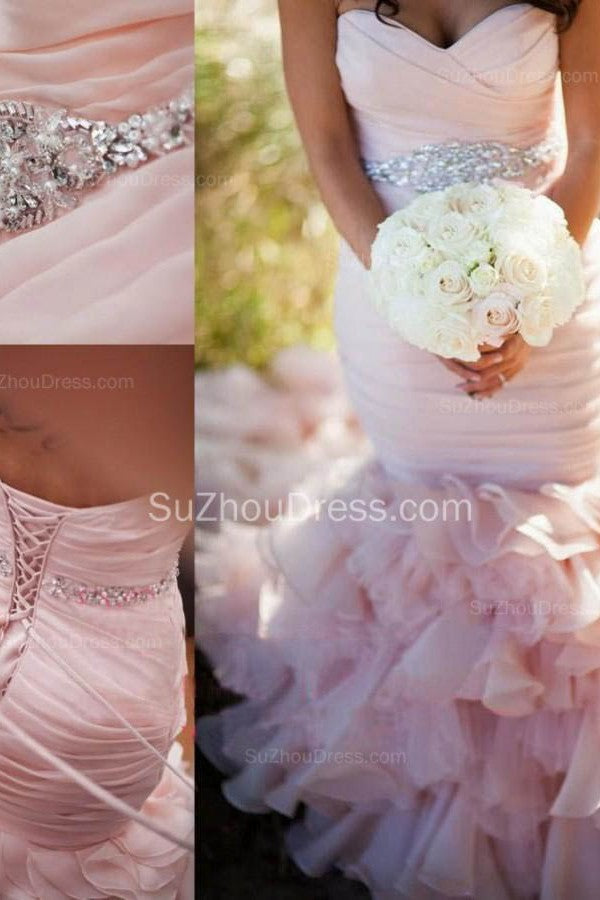 Modern Mermaid Sweetheart Wedding Dresses Pink Crystal Lace Up Lovely Ruffless Bridal Gowns