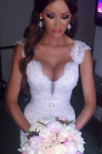 Modern Mermaid V neck Wedding Dress Sparkly Lace Bridal Gowns