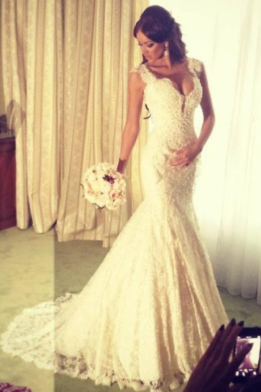 Modern Mermaid V neck Wedding Dress Sparkly Lace Bridal Gowns