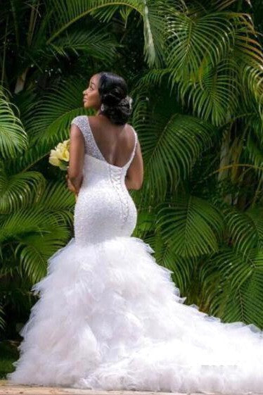 Modern Mermaid V neck Wedding Dresses Sleeveless Beading Court Train Bridal Gown