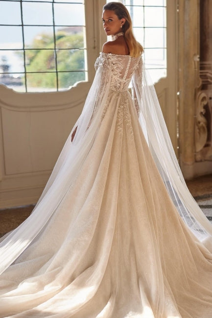 Modern Modest Off-the-Shoulder Long Sleevess Long Lace Wedding Dresses Online Beadings