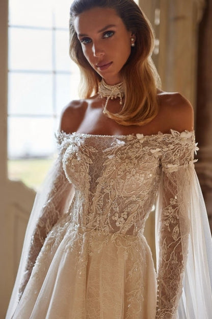 Modern Modest Off-the-Shoulder Long Sleevess Long Lace Wedding Dresses Online Beadings