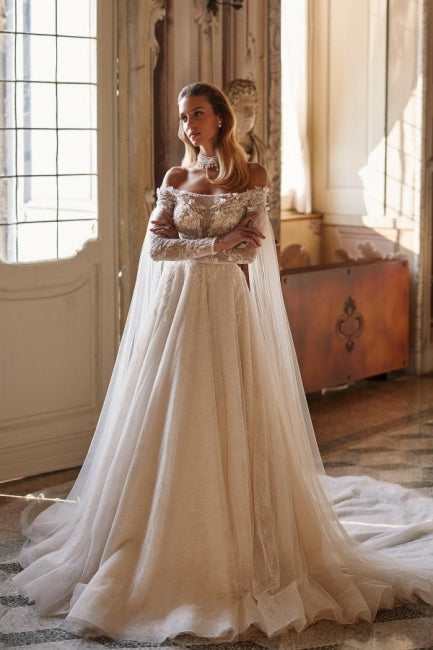 Modern Modest Off-the-Shoulder Long Sleevess Long Lace Wedding Dresses Online Beadings