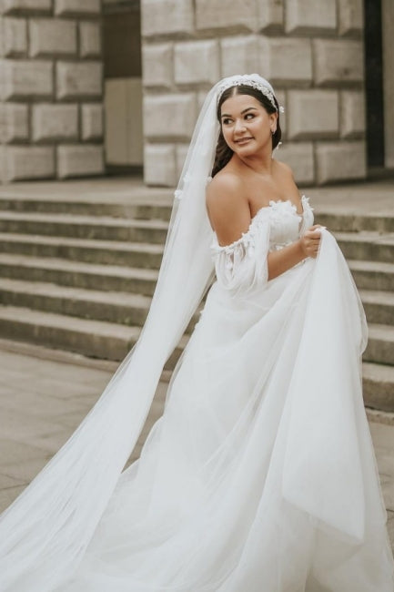 Modern Off-the-Shoulder Cap Sleeves Long tulle Wedding Dresses Online