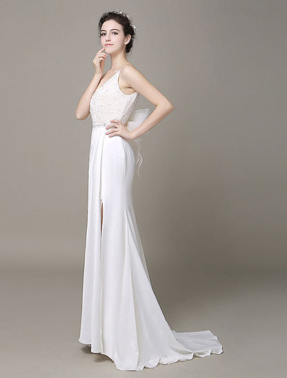 Modern Satin Sheath Wedding Dress Plunging Neckline Bow Back Belt Lace Beading Evening Dress Milanoo