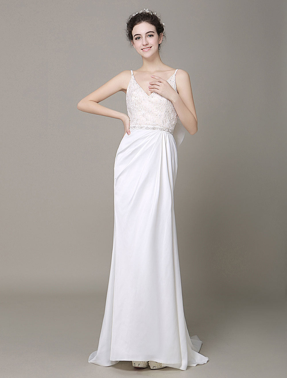 Modern Satin Sheath Wedding Dress Plunging Neckline Bow Back Belt Lace Beading Evening Dress Milanoo