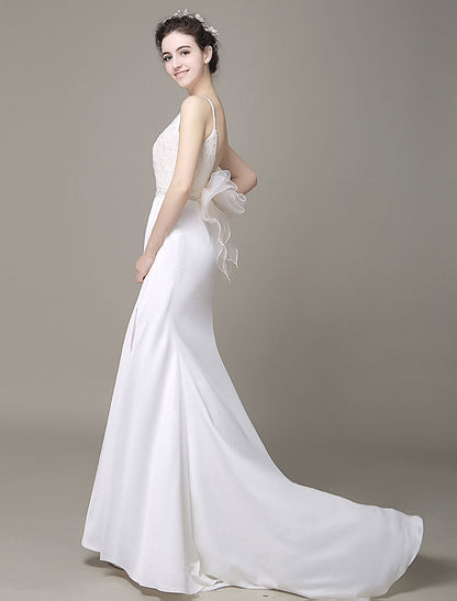 Modern Satin Sheath Wedding Dress Plunging Neckline Bow Back Belt Lace Beading Evening Dress Milanoo