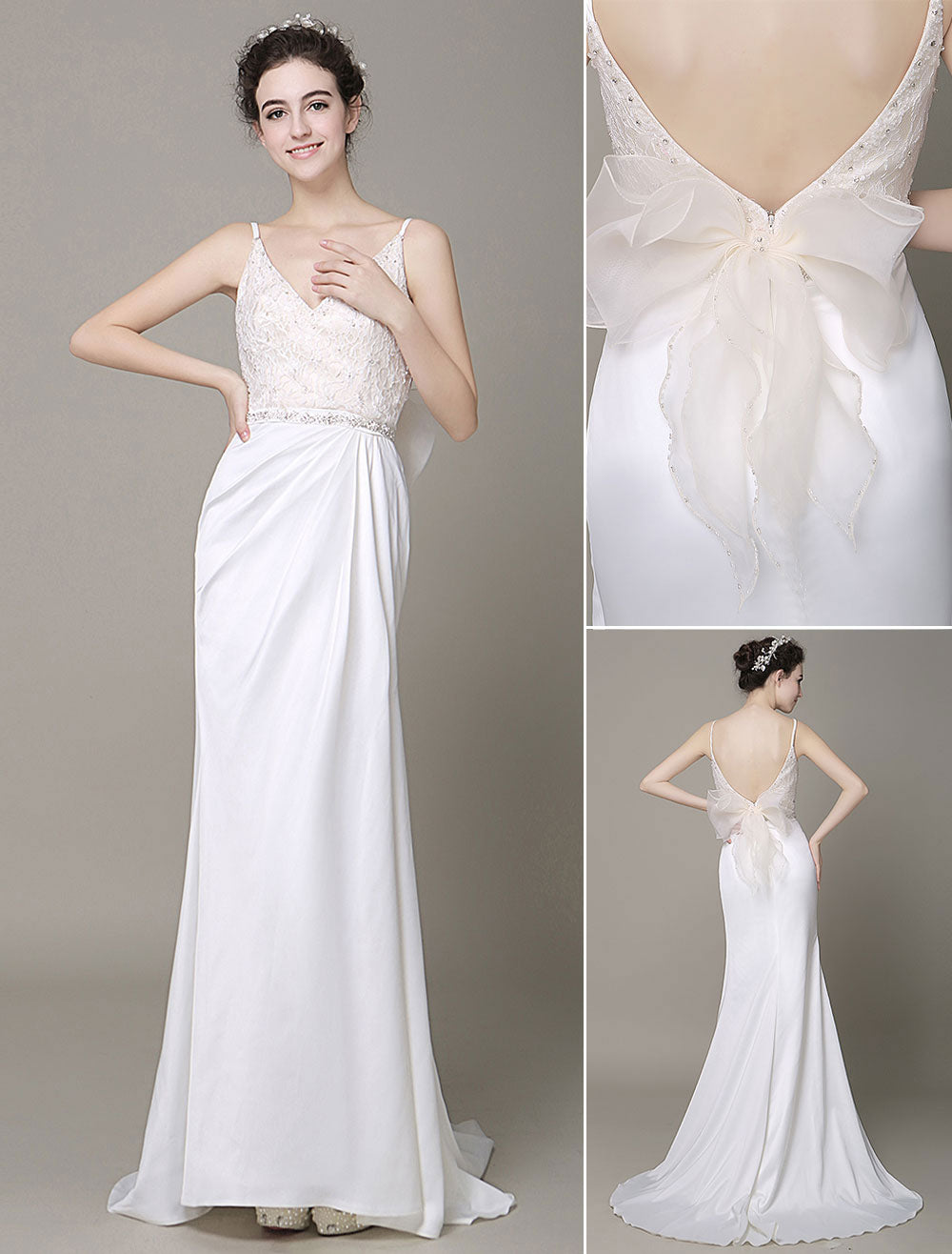 Modern Satin Sheath Wedding Dress Plunging Neckline Bow Back Belt Lace Beading Evening Dress Milanoo