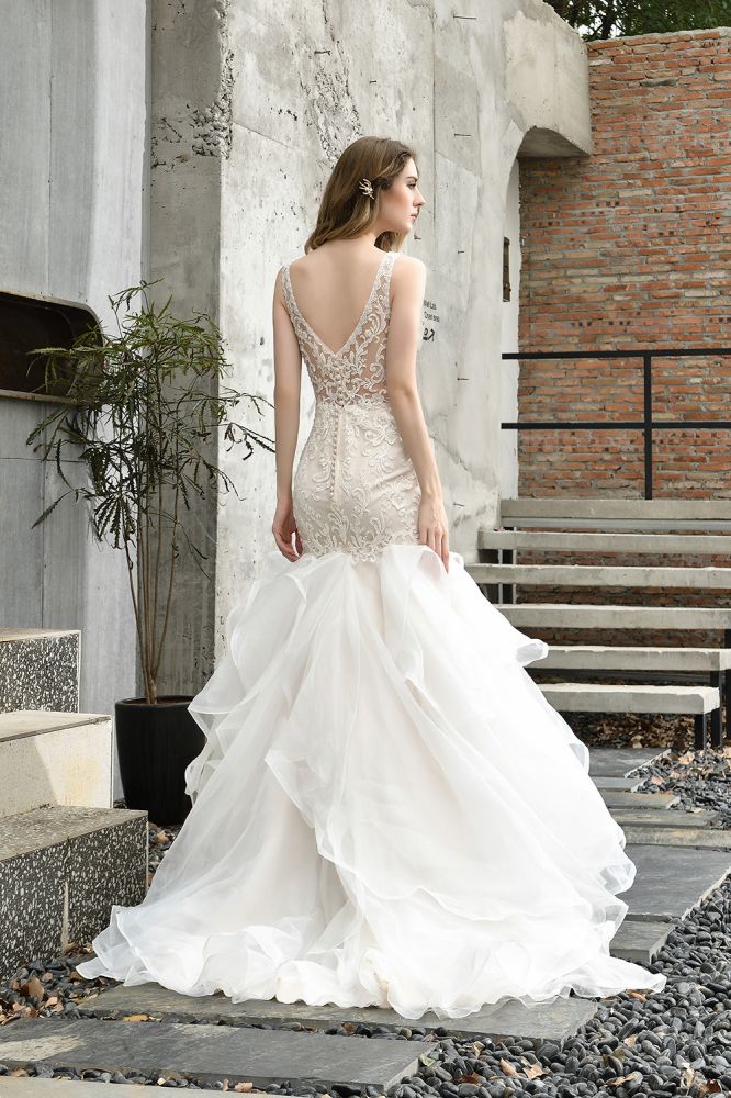 Modern See through Lace Mermaid Lace Sleeveless Ivory Wedding Dress with Ruffles Train