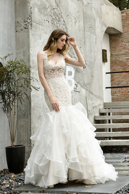 Modern See through Lace Mermaid Lace Sleeveless Ivory Wedding Dress with Ruffles Train