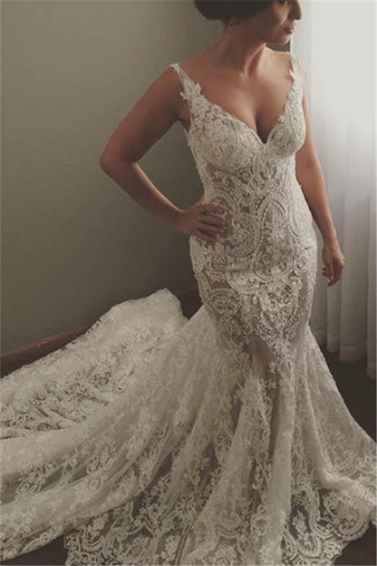 Modern Sleeveless V Neck Wedding Dress Mermaid Bridal Gowns with Lace Appliques