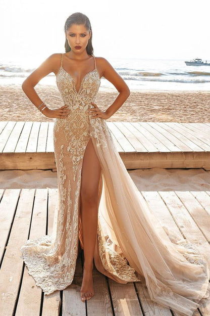 Modern Spaghetti Side Split Tulle Beach Wedding Dress