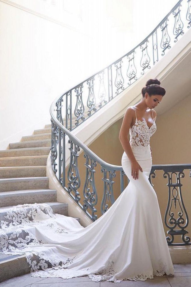 Modern Spaghetti Strap Wedding Dress Mermaid Chiffon Lace Bridal Gown