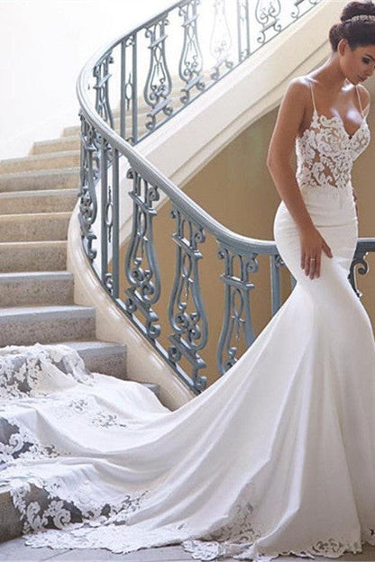 Modern Spaghetti Strap Wedding Dress Mermaid Chiffon Lace Bridal Gown