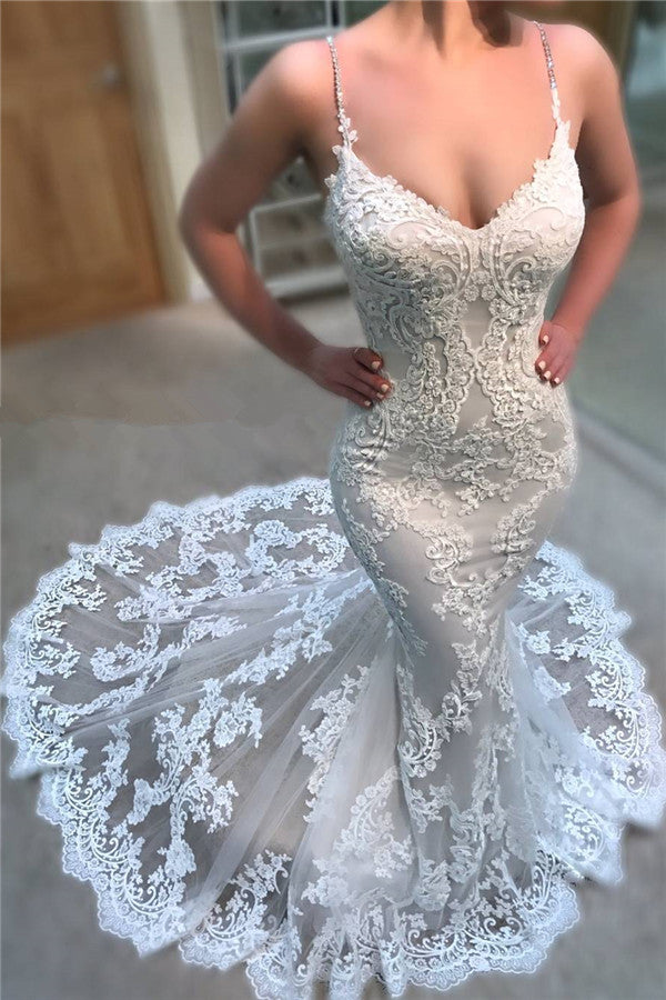 Modern Spaghetti Straps Lace Wedding Dresses Online Mermaid Dresses for Weddings