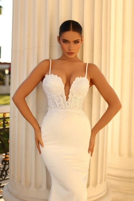 Modern Spaghetti-Straps Sleeveless Mermaid Wedding Dresses Online With Lace