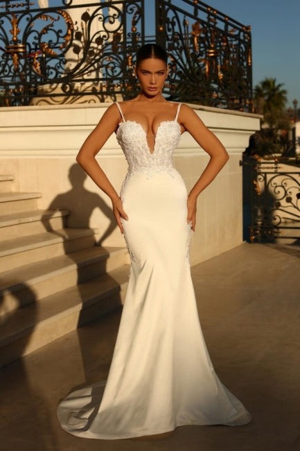 Modern Spaghetti-Straps Sleeveless Mermaid Wedding Dresses Online With Lace