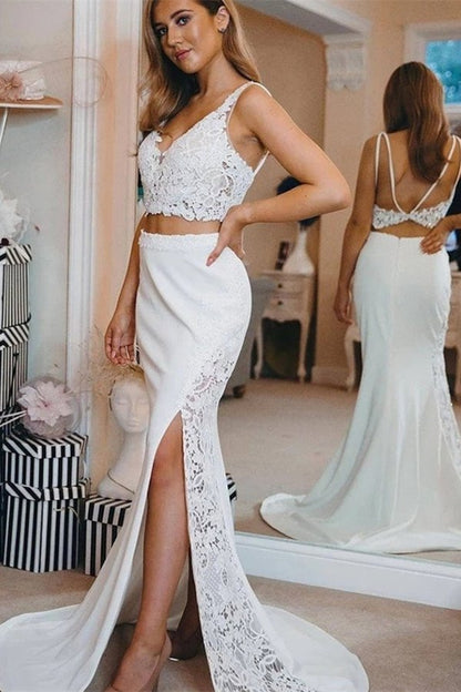 Modern two pieces Spaghetti V Neck Lace Side Slit Beach Wedding Dress