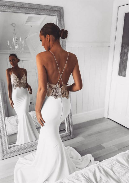 Modern V Neck Lace Spaghetti Strap Mermaid Wedding Dress Open Back Bridal Gown