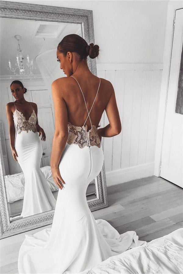 Modern V Neck Lace Spaghetti Strap Mermaid Wedding Dress Open Back Bridal Gown