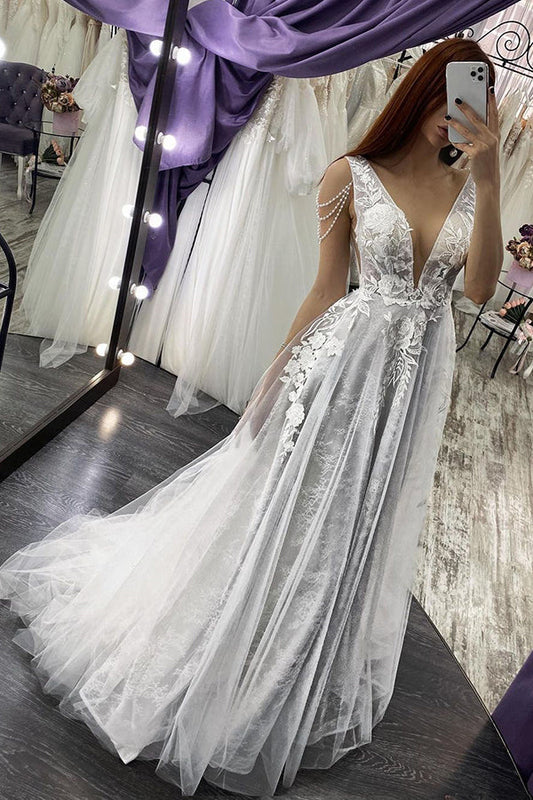 Modern V Neck Sleeveless Aline Wedding Dress Floral Lace Bridal Dress