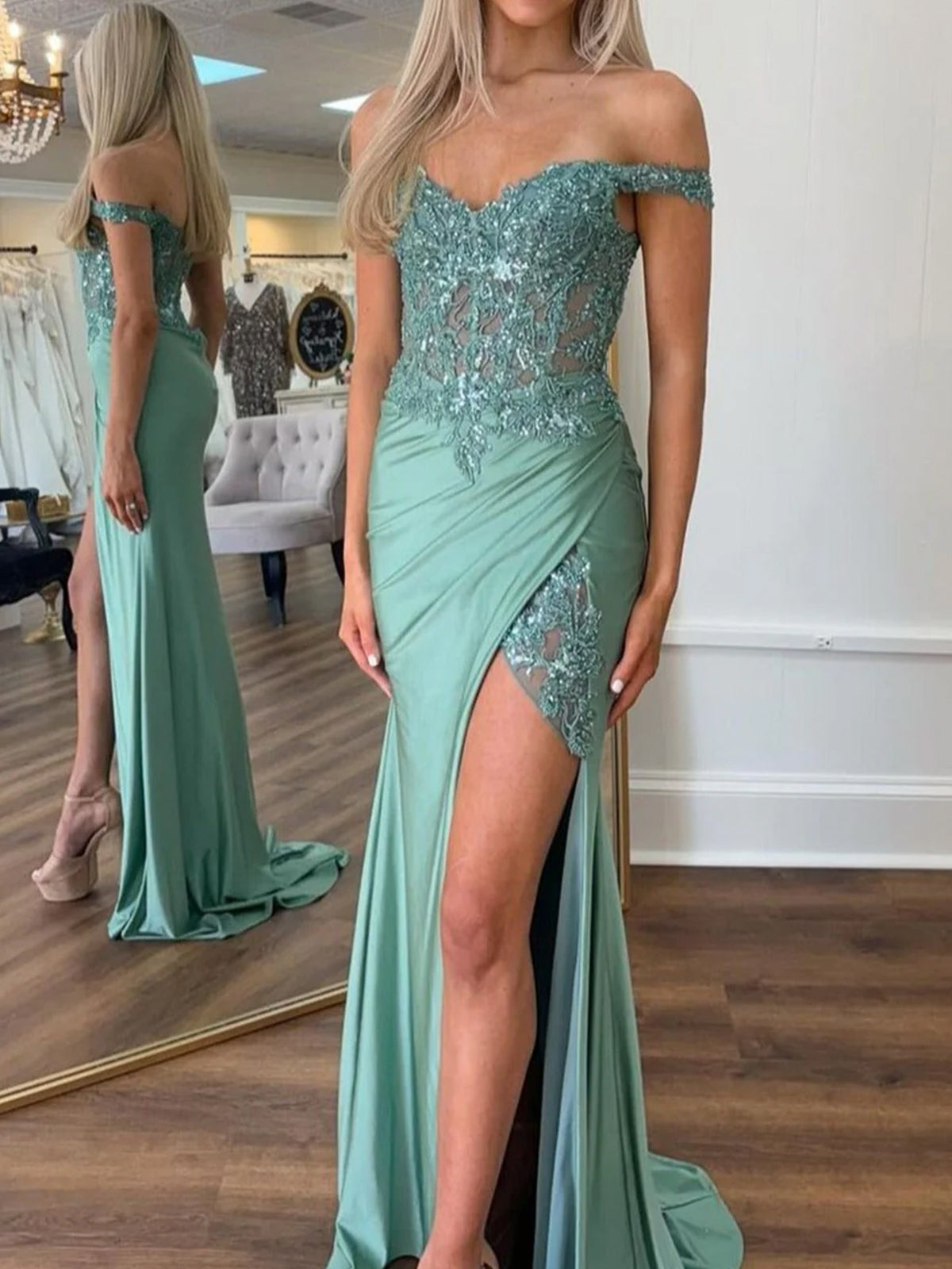 Modesty | Green Off The Shoulder Appliqued Mermaid Prom Dress With Split