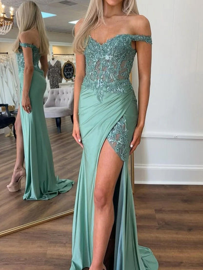 Modesty | Green Off The Shoulder Appliqued Mermaid Prom Dress With Split