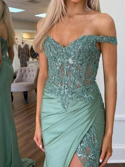 Modesty | Green Off The Shoulder Appliqued Mermaid Prom Dress With Split