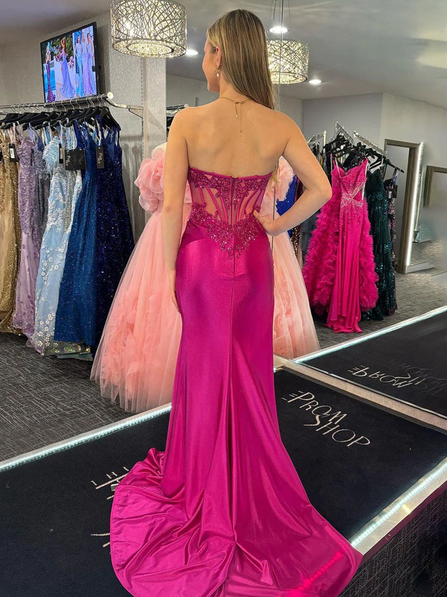 Myki | Fuchsia Strapless Satin Mermaid Long Prom Dresses with Slit