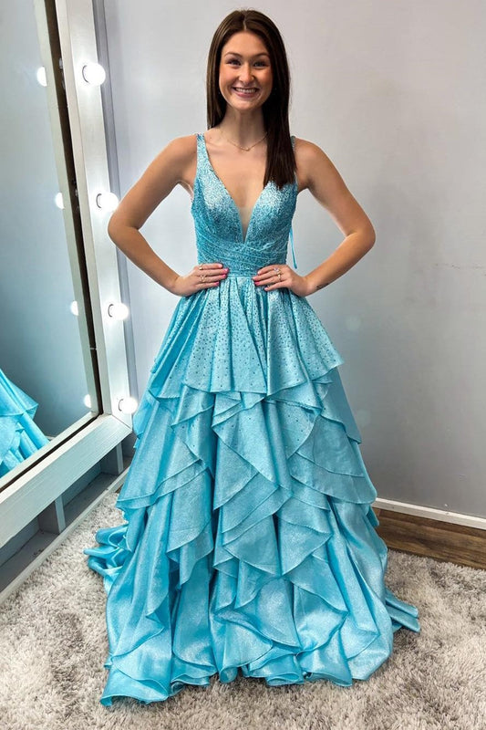 Nacre | Aqua Blue Hot Stone Multi-Layer Ruffle Long Prom Dress