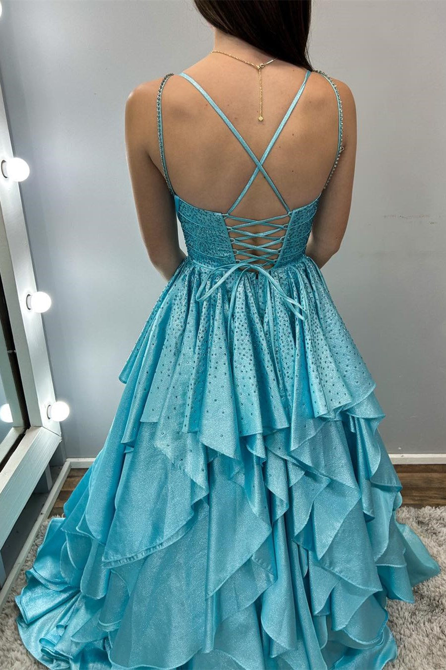 Nacre | Aqua Blue Hot Stone Multi-Layer Ruffle Long Prom Dress