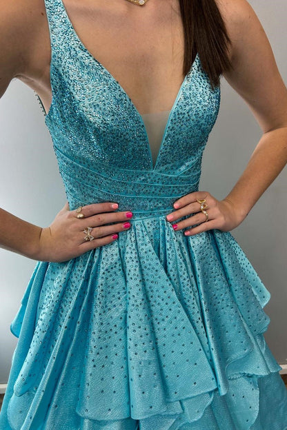 Nacre | Aqua Blue Hot Stone Multi-Layer Ruffle Long Prom Dress