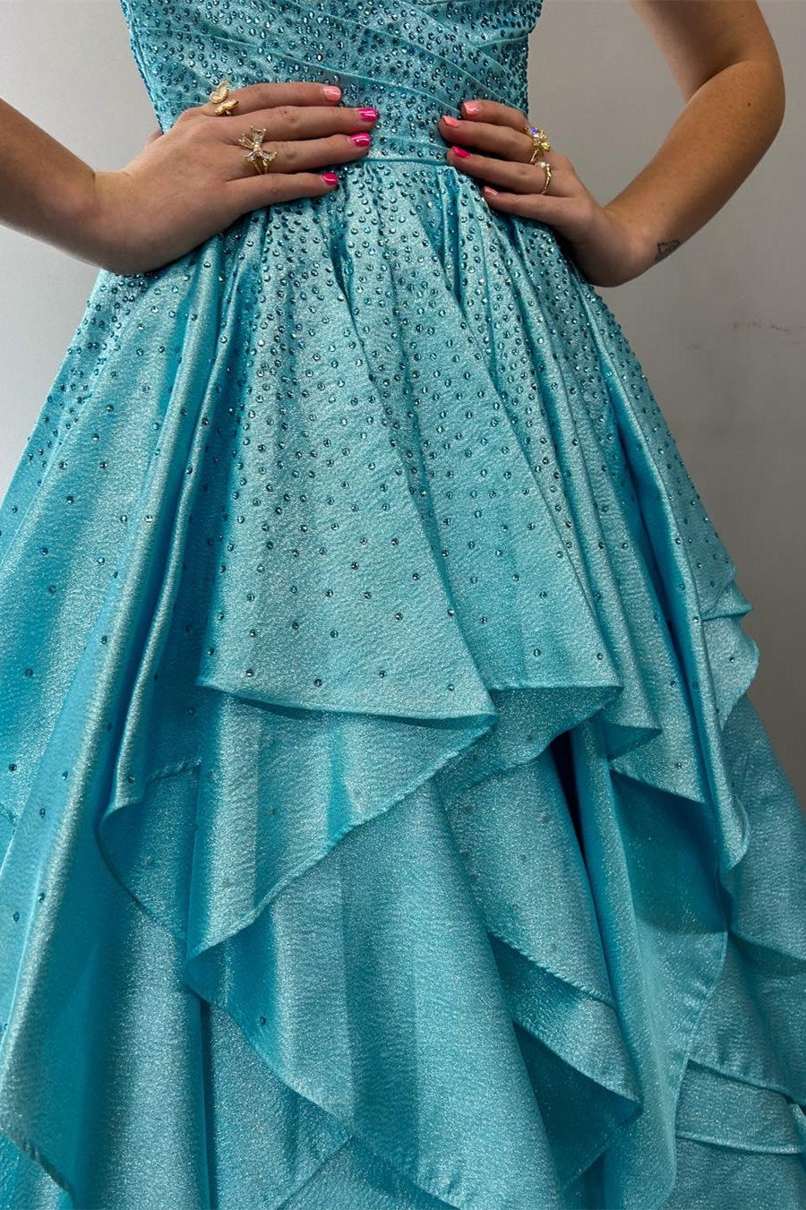 Nacre | Aqua Blue Hot Stone Multi-Layer Ruffle Long Prom Dress