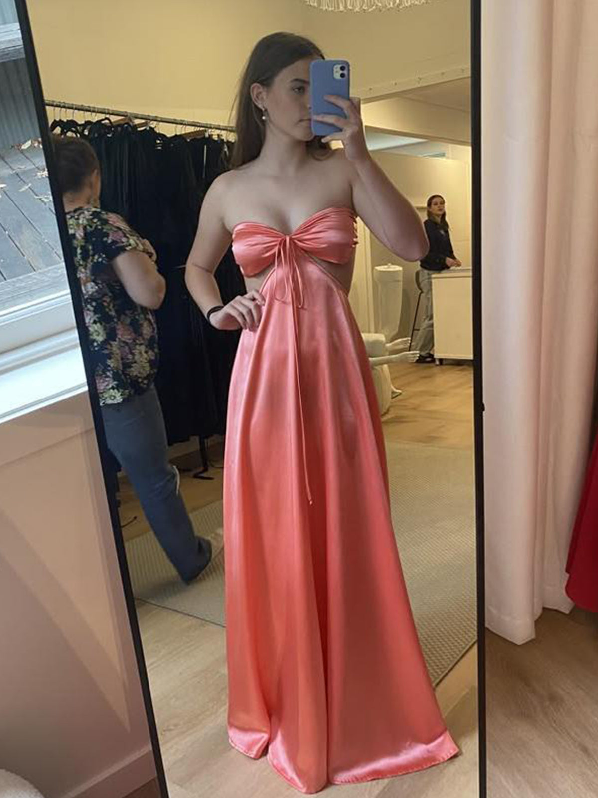 Nadine | PInk Strapless Back Tie Satin A-line Prom Dress