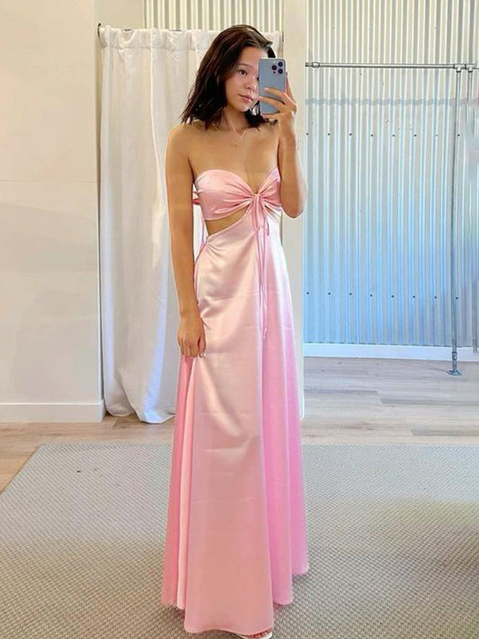 Nadine | PInk Strapless Back Tie Satin A-line Prom Dress