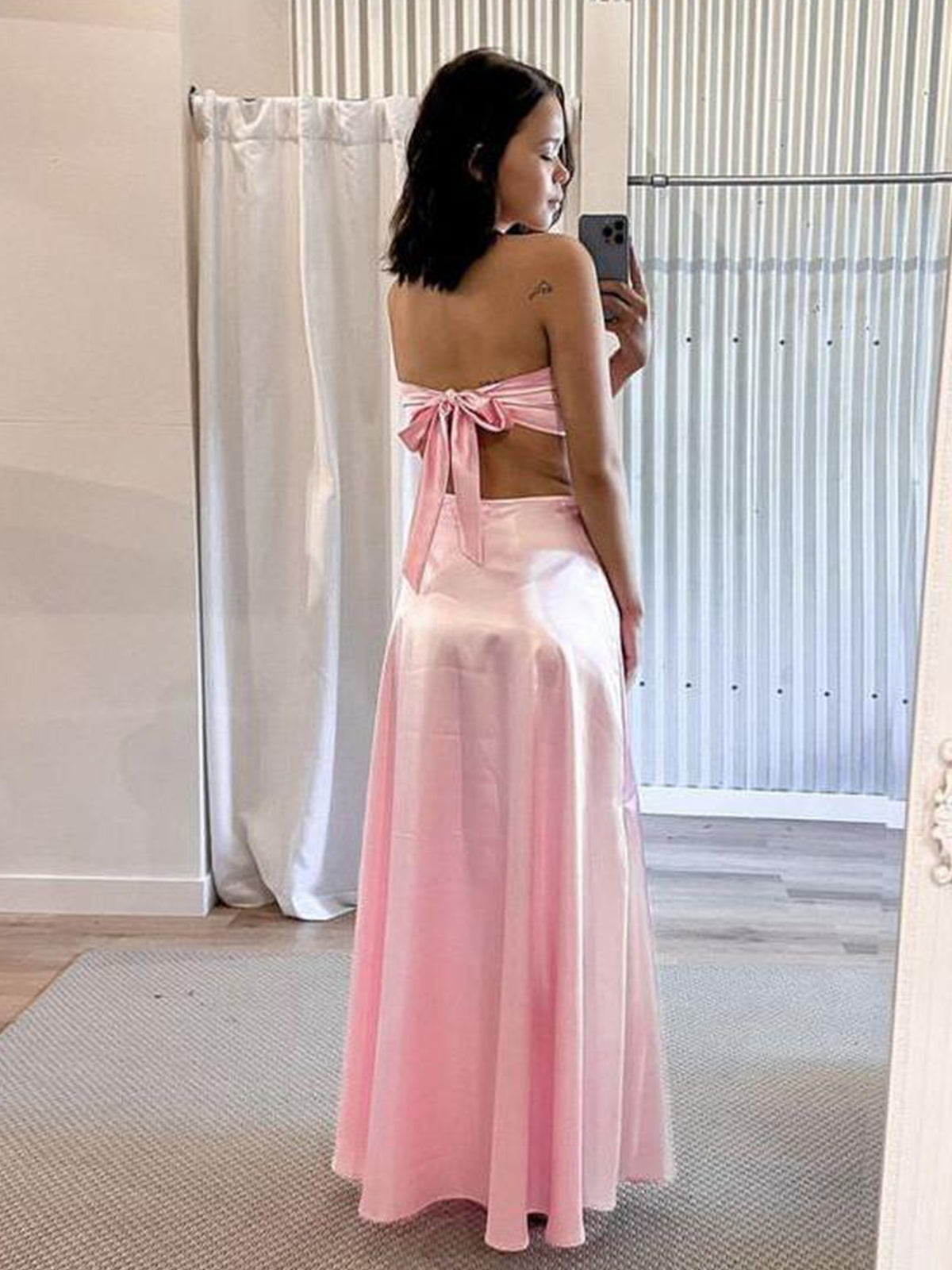 Nadine | PInk Strapless Back Tie Satin A-line Prom Dress