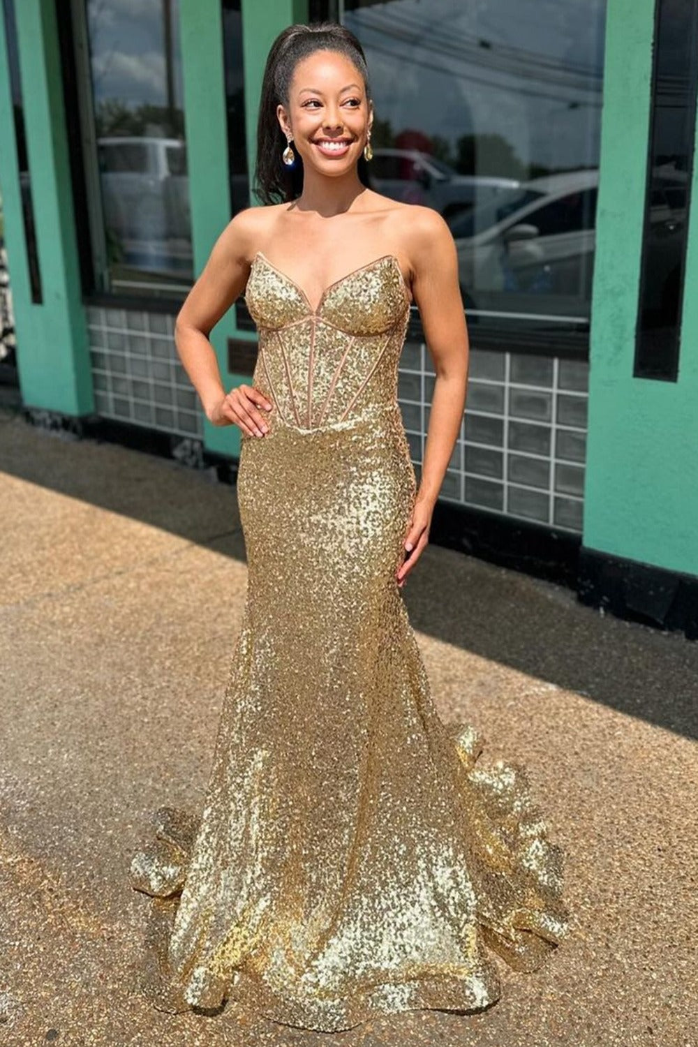 Nadir | Gold Strapless Mermaid Sequins Long Prom Dress