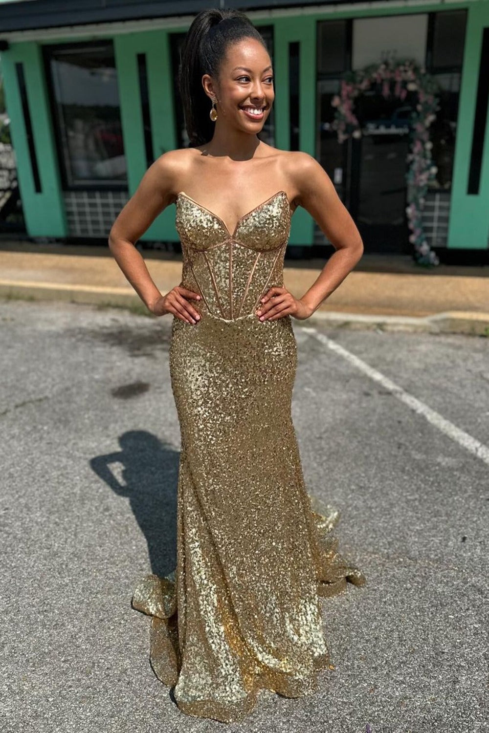 Nadir | Gold Strapless Mermaid Sequins Long Prom Dress