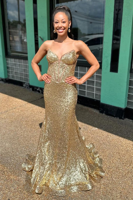 Nadir | Gold Strapless Mermaid Sequins Long Prom Dress